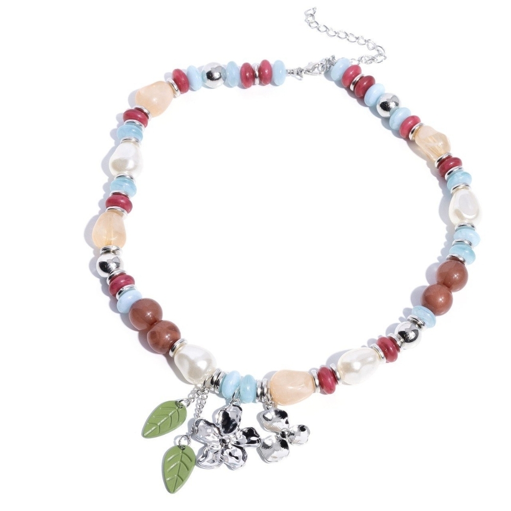 Paparazzi Red and Blue Beaded Necklace with Silver Charms Cottagecore Chic Multi